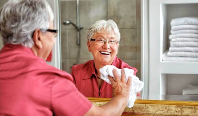 Seniorin putzt Badezimmerspiegel