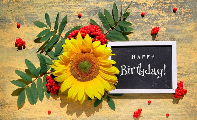 Sonnenblume neben einer weiß umrandeten Tafel, auf der "Happy birthday!" geschrieben steht